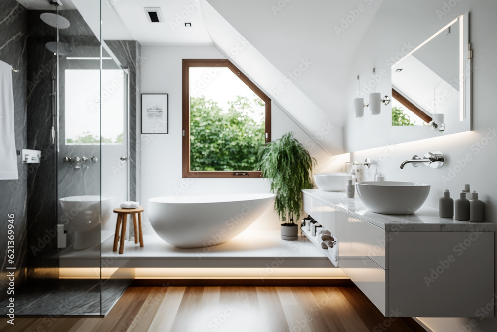 Fototapeta premium Luxury modern bathroom interior design with glass walk-in shower - Created with generative AI tools