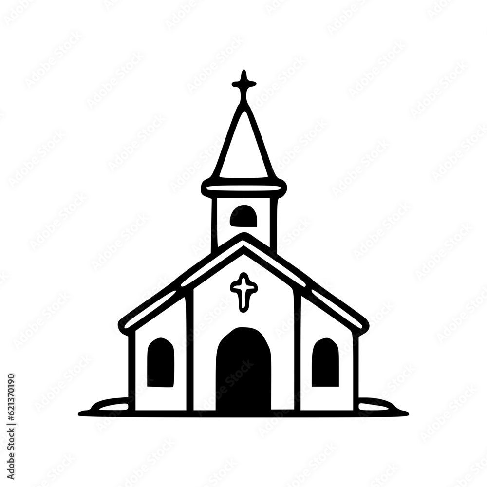Church building black outlines monochrome vector illustration