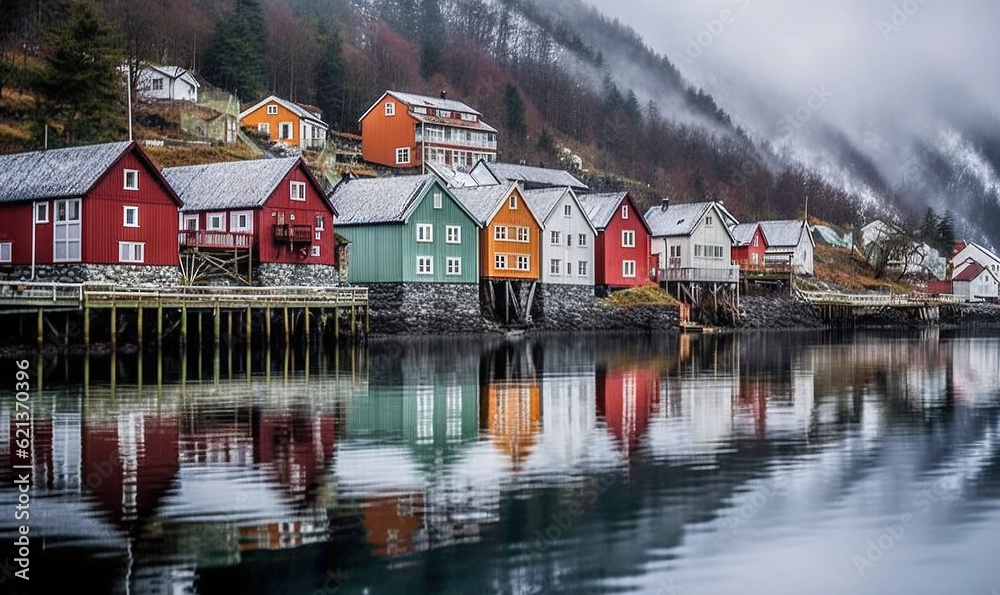 Fototapeta premium a group of houses sitting on the shore of a lake. generative ai