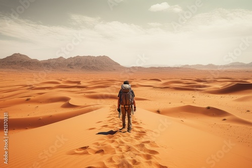 Explorer carrying a backpack walking through the desert from behind