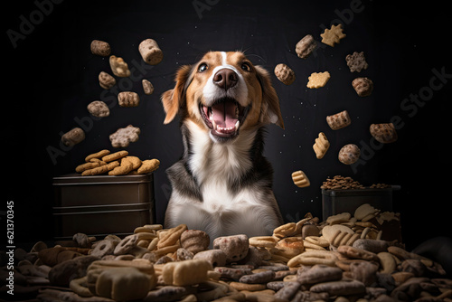 Happy dog sitting at a table surrounded by mountains of scattered healthy dog food and snacks. Concept of dog food advertising. Generative AI. High quality illustration. photo