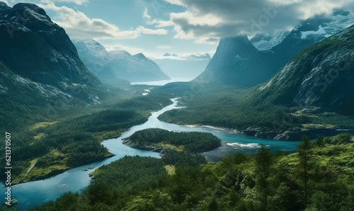  a river running through a lush green valley surrounded by mountains. generative ai