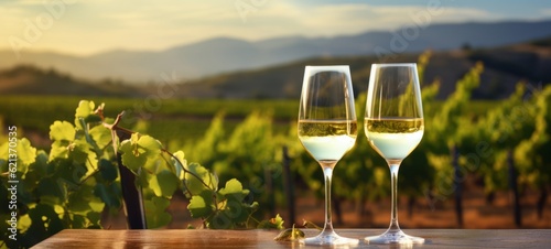 Vineyards, grape harvest banner - Closeup of two wine glasses with white wine on wooden table, with blurred landscape in the background (Generative Ai)
