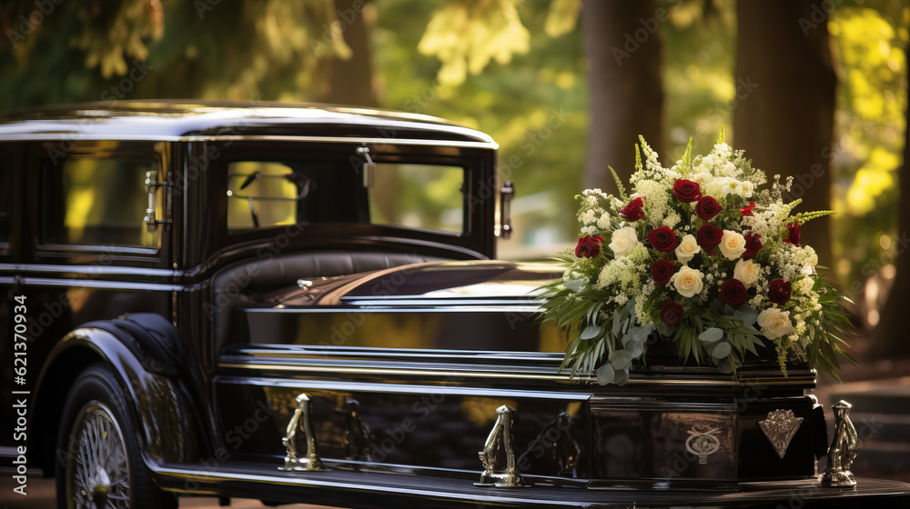 Fototapeta premium Funeral ceremony. hearse and flowers. generative AI
