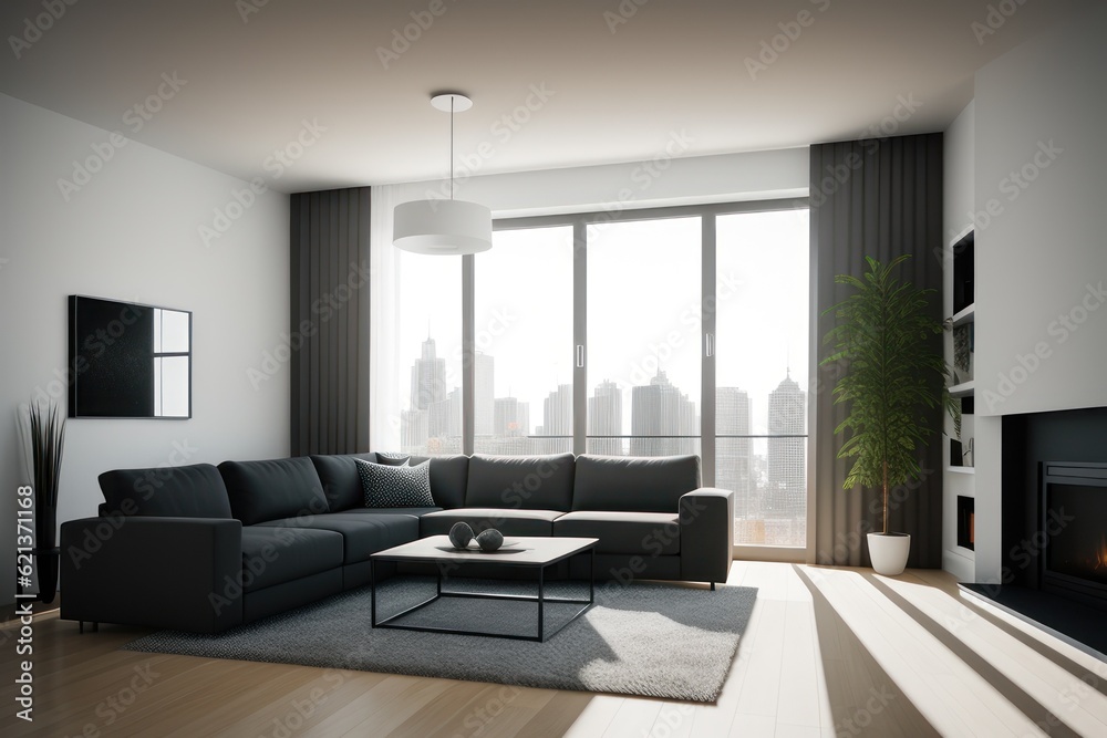 Fototapeta premium Modern interior design, in a spacious room, next to a table with flowers against a gray wall. Bright, spacious room with a comfortable sofa, plants and elegant accessories. Generative AI
