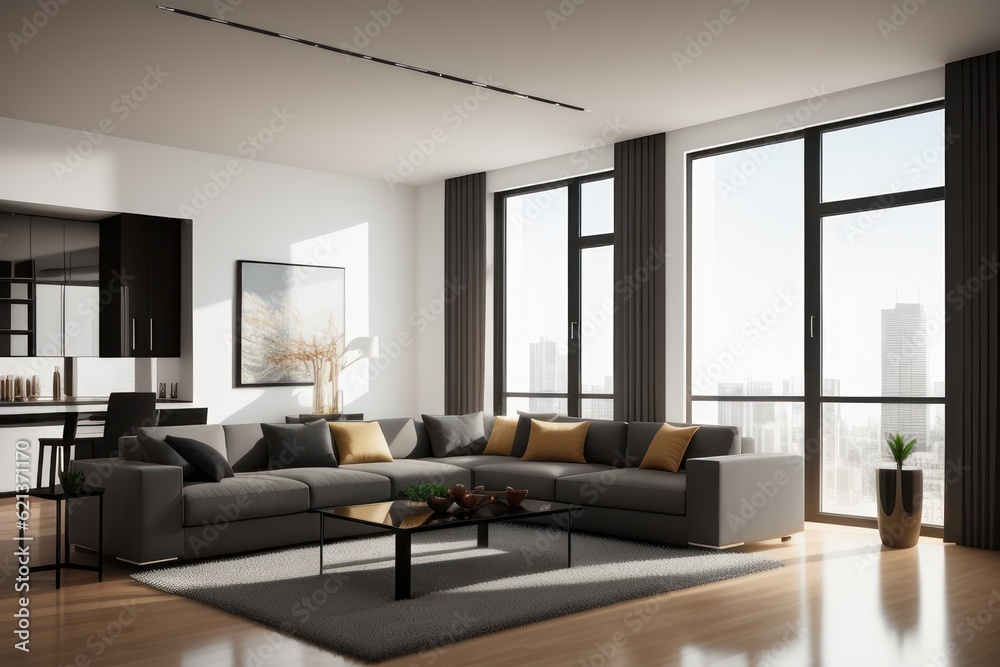 Fototapeta premium Modern interior design of a living room in an apartment, house, office, bright modern interior details and sun rays from the window against the background of concrete walls. Generative AI