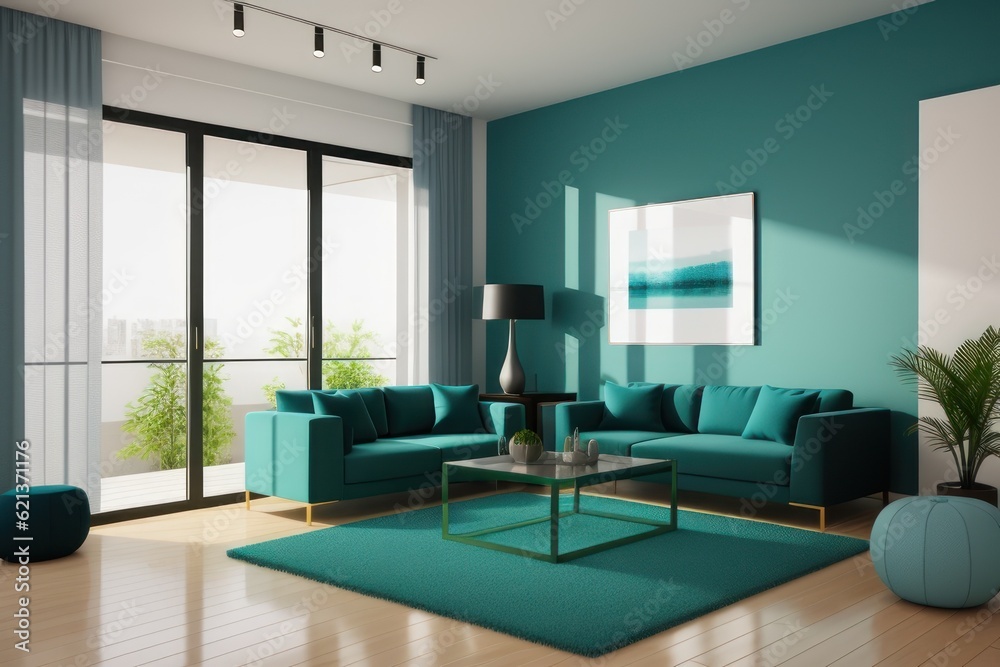 Fototapeta premium Modern green and gray interior design of living room in an apartment, house, office, bright modern interior details and sun rays from the window against the background of concrete walls. Generative AI