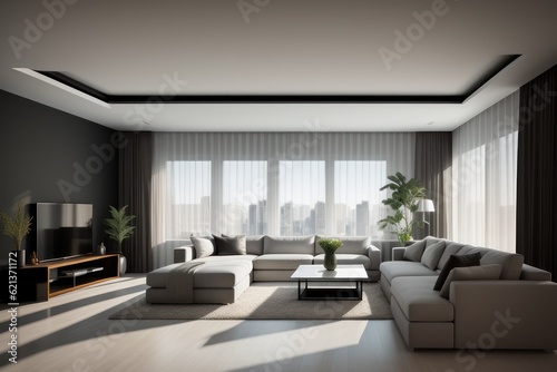 Modern interior design of a living room in an apartment, house, office, bright modern interior details and sun rays from the window against the background of concrete walls. Generative AI © useful pictures