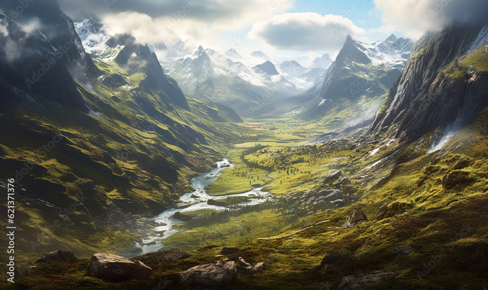  a painting of a mountain valley with a river running through it.  generative ai