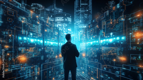 Wallpaper Mural A software engineer stands immersed in a cutting-edge virtual internet network connection within a data center. With a futuristic backdrop, engineer's focused touch reveals the seamless integration Torontodigital.ca