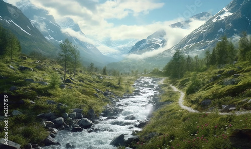  a stream running through a lush green forest filled with snow covered mountains. generative ai