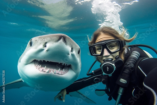 Scuba diver selfie with great white shark underwater. Active holiday by the sea. Created with Generative AI.