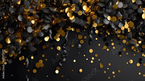 Black and gold confetti on black background. 3d illustration. generative ai