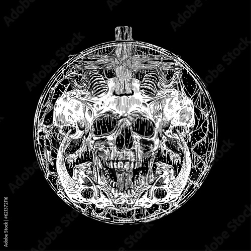 hand drawn skull death metal illustration dark art style