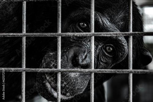 Obraz na płótnie Chimpanzee behind cage black and white close up.