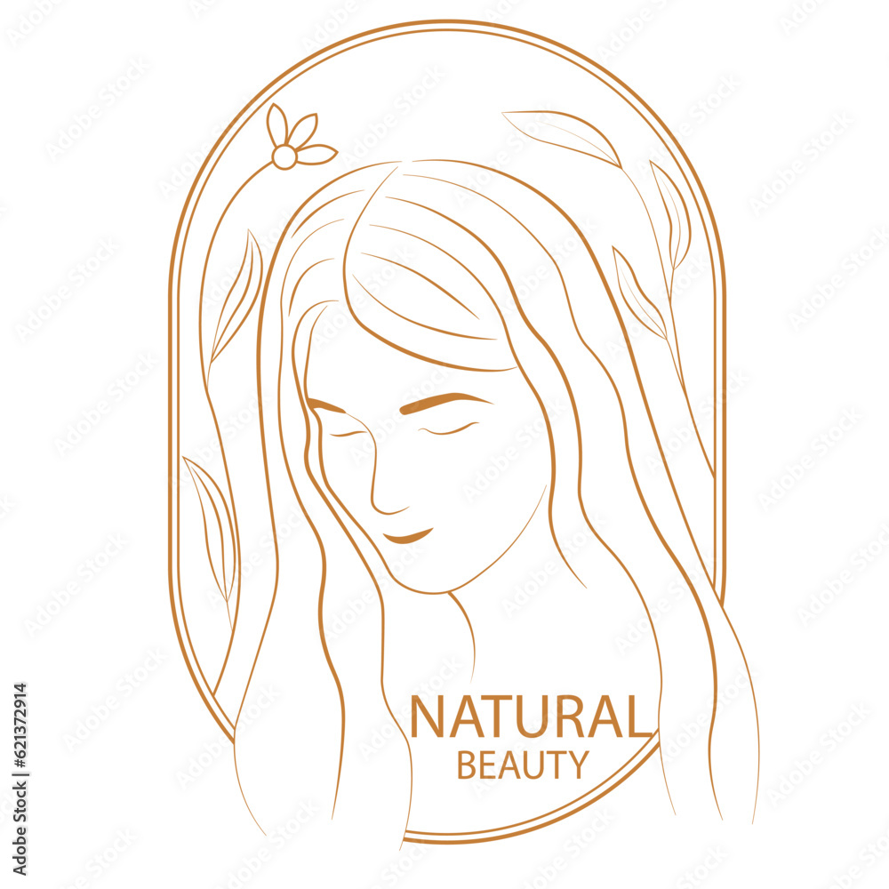Beautiful Woman Logo With Gold Leaves and Flowers. Vector stock illustration. Women's beauty and cosmetology. isolated on a white background.