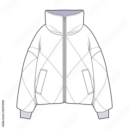 Winter puffer coat front view fashion flat sketch for Tech Pack. Warm Jacket, CAD drawing, black and white, vector graphics for garment production apparel brand, for women
