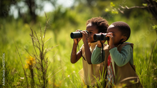 African children exploring nature, observing wildlife, and learning about conservation Generative AI