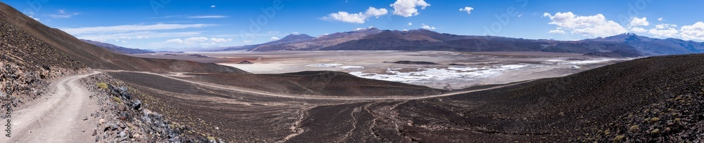 Crossing the Andes from Antofagasta de la Sierra to Antofalla - stunning landscape around the salt desert Salar de Antofalla in the Puna highlands - Panorama Crossing the Andes from Antofagasta de la Sierra to Antofalla - stunning landscape around the salt desert Salar de Antofalla in the Puna highlands - Panorama
