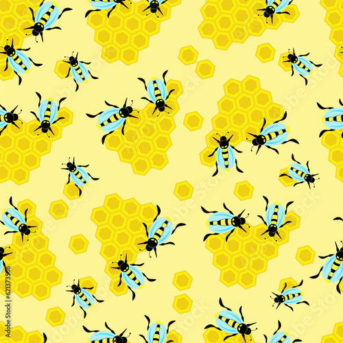 Honey comb and a bee. Abstract template. Bees for decoration design. Texture backdrop. Seamless vector pattern.