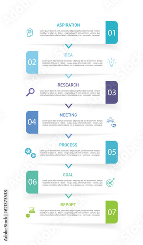 Business infographics line process with template with icons and 7 options or steps.infographics of business aspiration,idea,research,meeting,process,goal,report.for infographics design template
