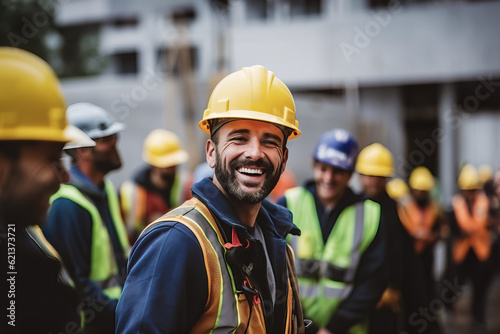 Billede på lærred A group of smiling construction workers wearing uniforms