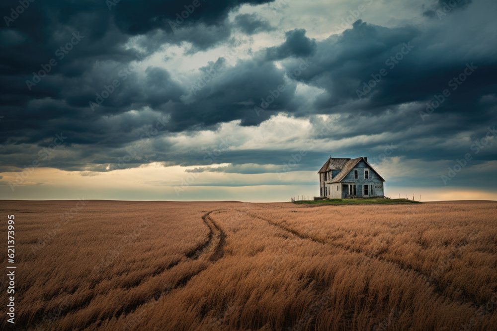 Abandoned house in field at twilight. Creepy old house. Uninhabitable ...