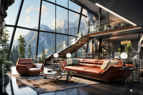 Interior in high-tech style in brown and green with mountain views. Generative AI