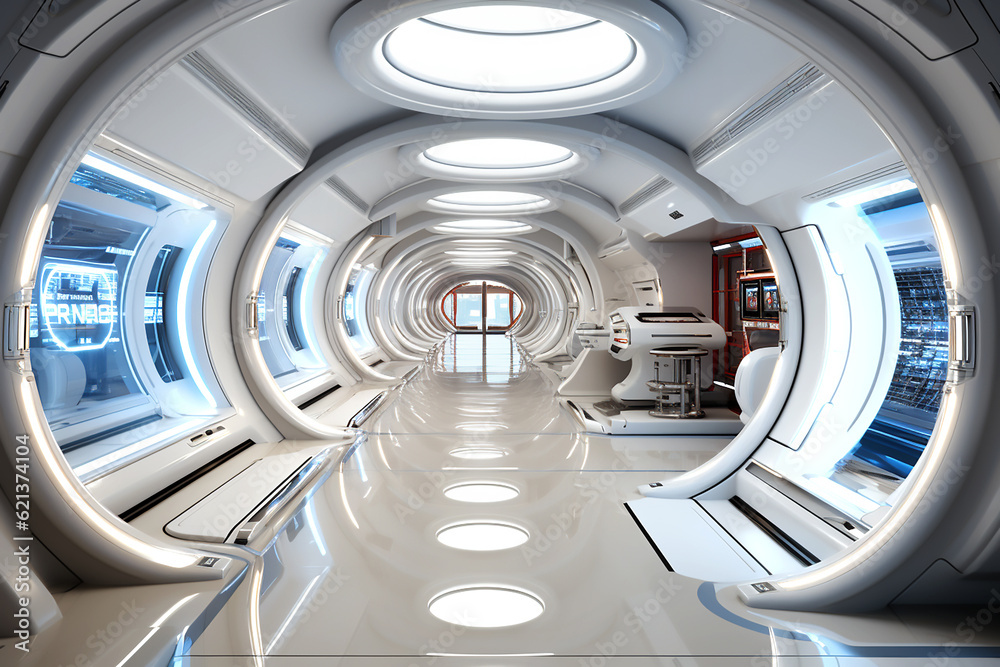 Space interior in high-tech style in white. Generative AI Space interior in high-tech style in white. Generative AI
