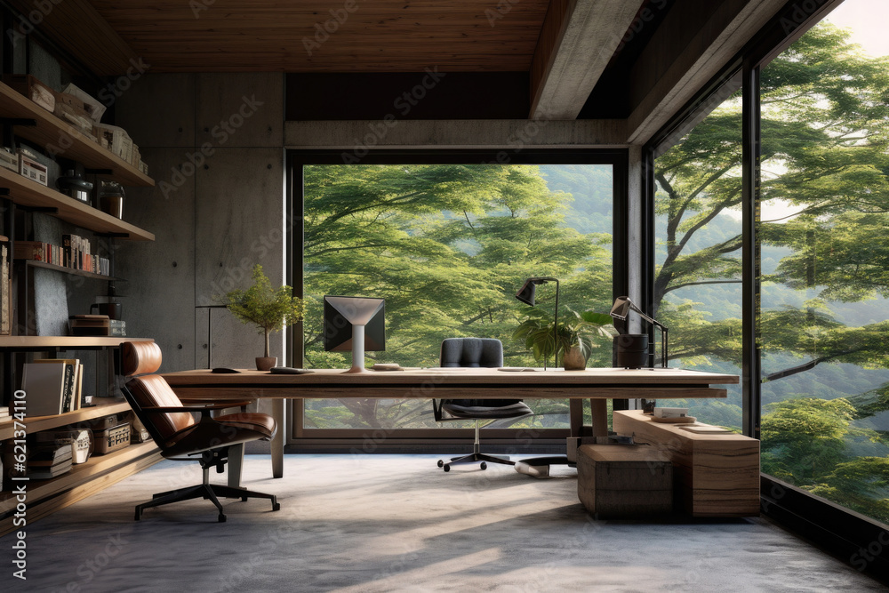 Modern home office with big window. Living room with workplace, minimalism and scandinavian style. Created with Generative AI