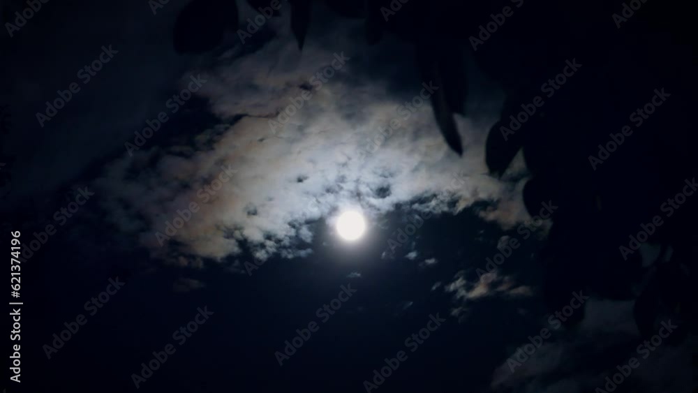 Moon shining through a layer of clouds at night, timelapse