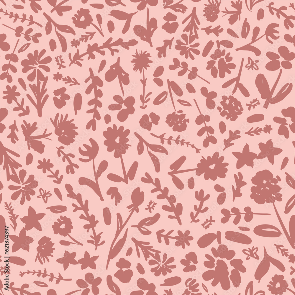Random placed, vector botany seamless repeat pattern on beige background. Shadow flowers, leaves, herbs plants all over surface print. Random placed, vector botany seamless repeat pattern on beige background. Shadow flowers, leaves, herbs plants all over surface print.