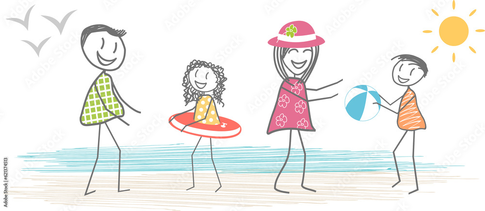 A family with parents and two children playing on a beach by the sea in summer. PNG format A family with parents and two children playing on a beach by the sea in summer. PNG format