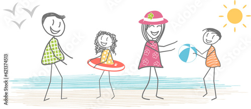 A family with parents and two children playing on a beach by the sea in summer. PNG format