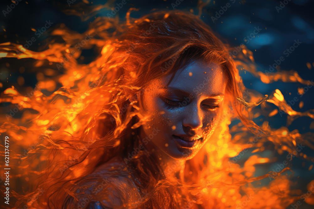 Beautiful New Age ginger redhead tribal girl performing a spiritual ritual by dancing in fire and water Beautiful New Age ginger redhead tribal girl performing a spiritual ritual by dancing in fire and water