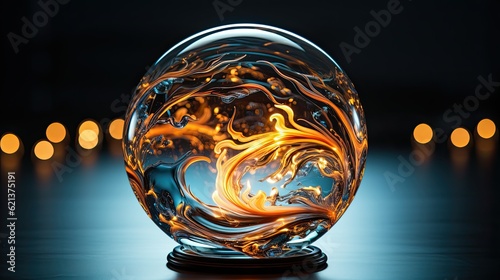 AI-generated illustration of a crystal ball with golden swirls, on a blue background. MidJourney. photo