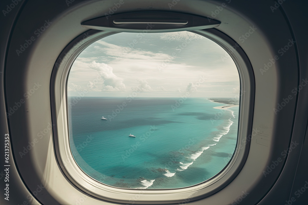 View of the beach and sea the airplane window. Travel and tourism concept. Generative AI View of the beach and sea the airplane window. Travel and tourism concept. Generative AI