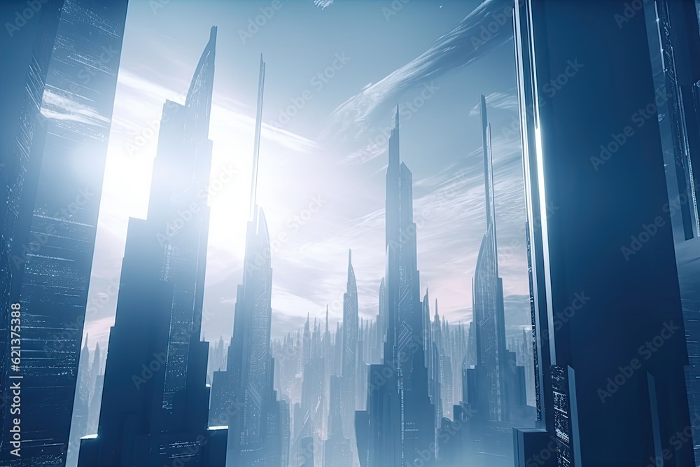 Obraz premium Modern futuristic glowing city with tall skyscrapers and modern technology. Generative AI