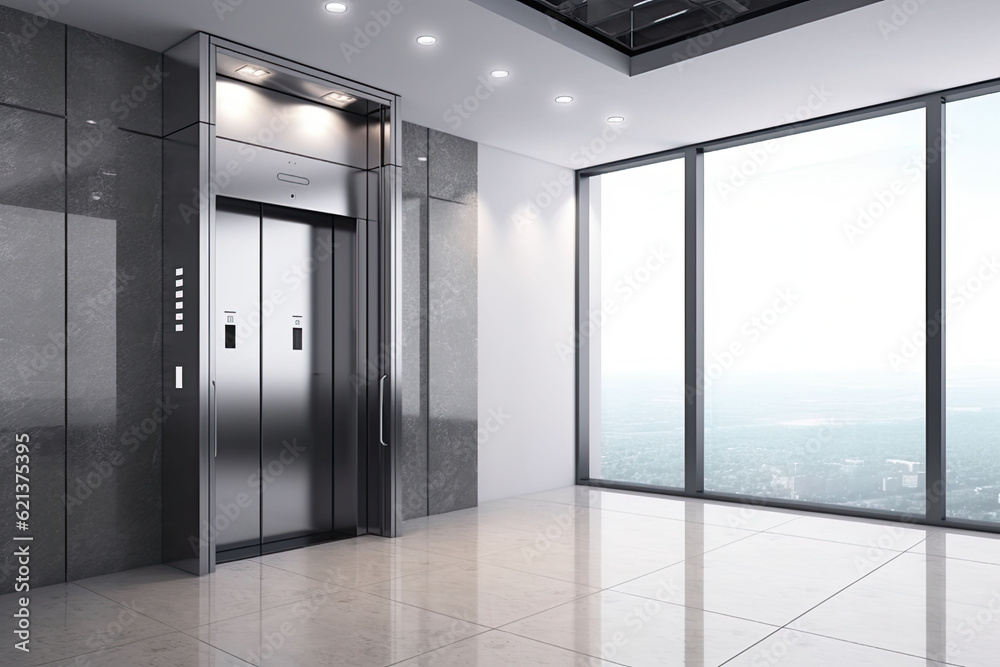 Interior view of a modern elevator. Office or modern hotel hallway, empty lobby interior. Generative AI