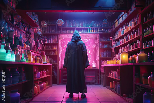 Anonymous tall man under a cloak in the mystical potion shop. Generative AI