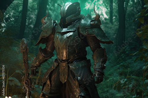 Fantasy knight with old armor in the ancient forest. Generative AI
