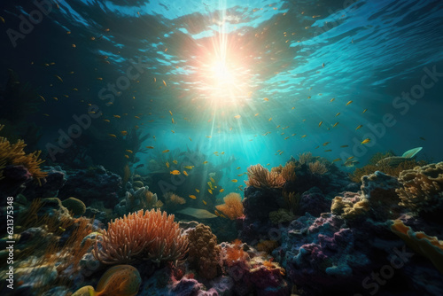 Animals of the underwater world with sun rays. Coral reef and fish. Generative AI