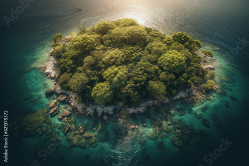 A tropical island in the middle of the ocean. Top view. Green palm trees and beach on the island. Generative AI © barmaleeva