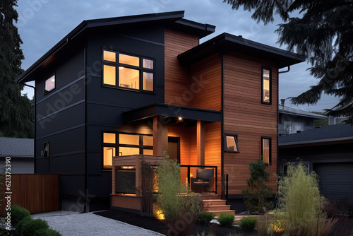 Exterior of a modern cozy house with large windows and lawn. Generative AI
