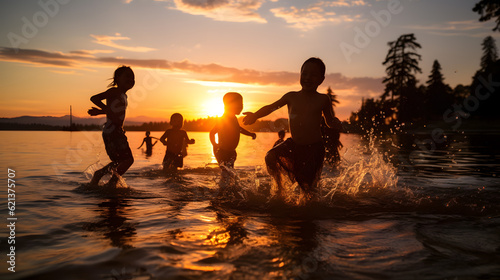 Summer Fun in the Sun: Happy Kids Enjoying Water Play by the Beach