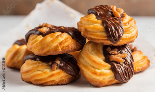  a pile of chocolate covered donuts sitting on top of a table. generative ai