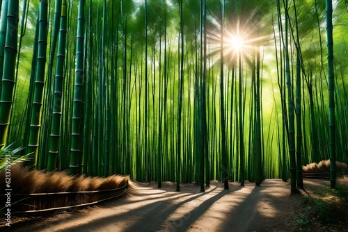 A tranquil bamboo forest with rays of sunlight