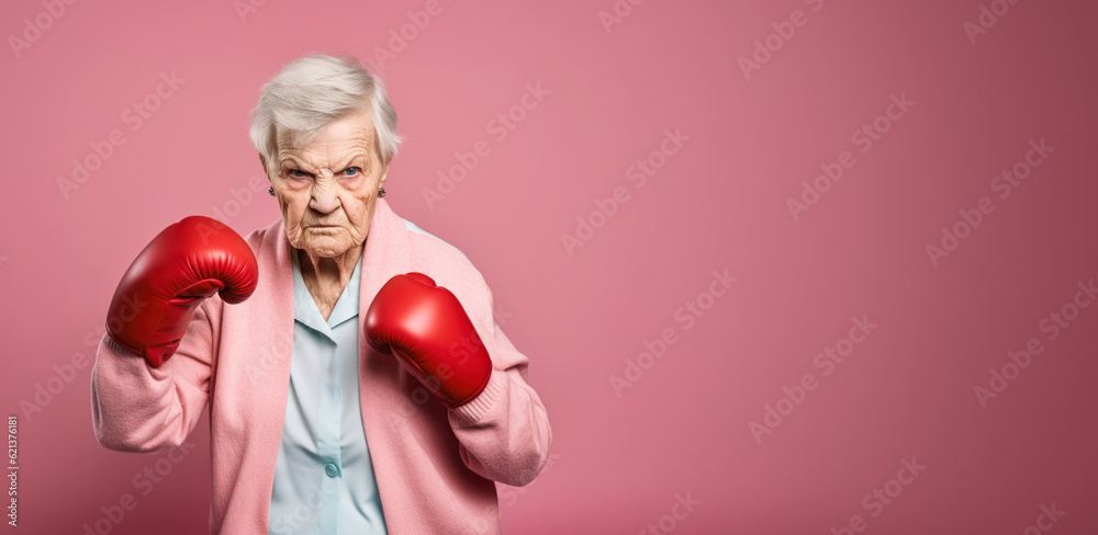 Elderly senior woman wearing red boxing gloves, rather angry expression ready for fight. Wide banner copy space on side. Generative AI Elderly senior woman wearing red boxing gloves, rather angry expression ready for fight. Wide banner copy space on side. Generative AI