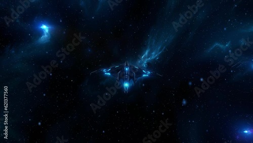 A blue spaceship flying in space. Space explorers, pirates, warriors. photo