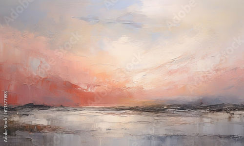  a painting of a sunset over a body of water with clouds. generative ai